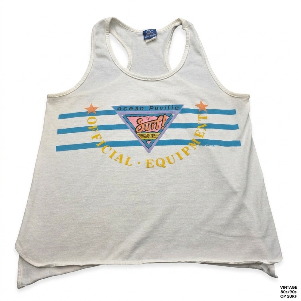Vintage 80s Ocean Pacific OP Surf Tank Top Shirt‎ Medium White Graphic Made USA